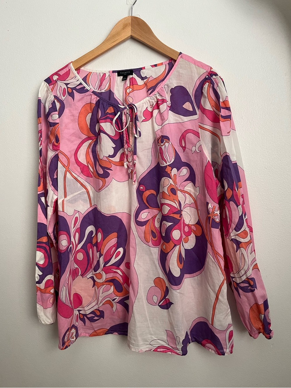 Talbots Gathered Tie Neck Top Abstract Floral Paisley Blouse 2X 70’s Boho - Picture 12 of 12